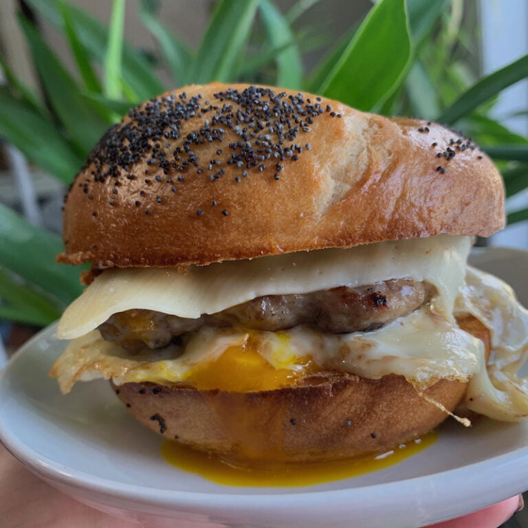Egg and sausage sandwich on a bagel
