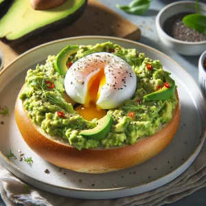 Whole wheat bagel halves topped with creamy mashed avocado and a perfectly poached egg, garnished with red pepper flakes and chia seeds, served on a plate in a bright breakfast setting.