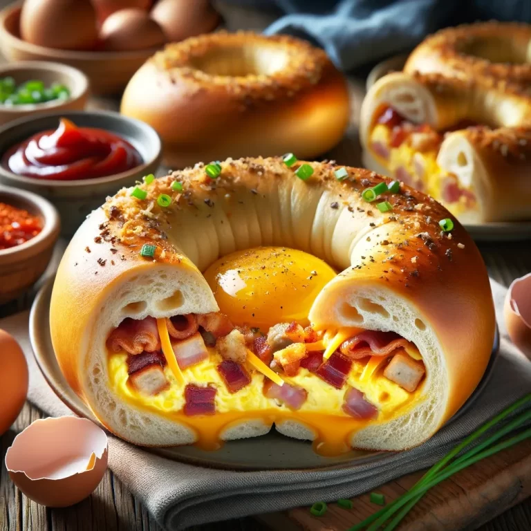 Golden crispy bagels stuffed with a savory quiche filling of eggs, heavy cream, cheddar cheese, streaky bacon, sausage, and red onion, garnished with fresh chives and served with a side of ketchup or sriracha.