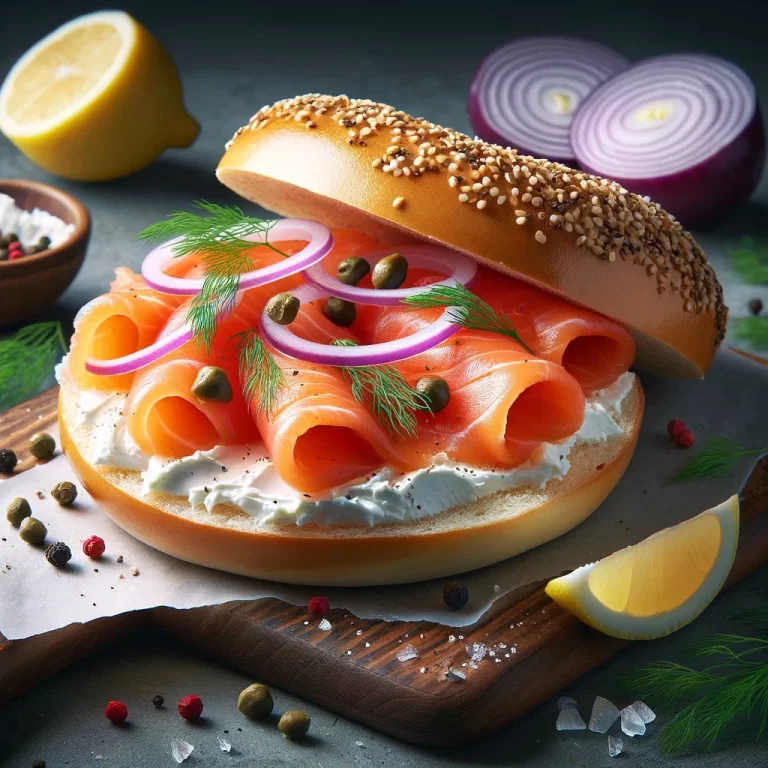 An everything bagel, toasted and generously topped with cream cheese and silky Nova Lox, accented with slices of red onion, capers, and fresh dill, served with a side of lemon wedges for a luxurious breakfast or brunch experience.